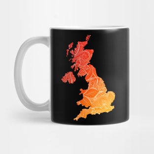 Colorful mandala art map of United Kingdom with text in red and orange Mug